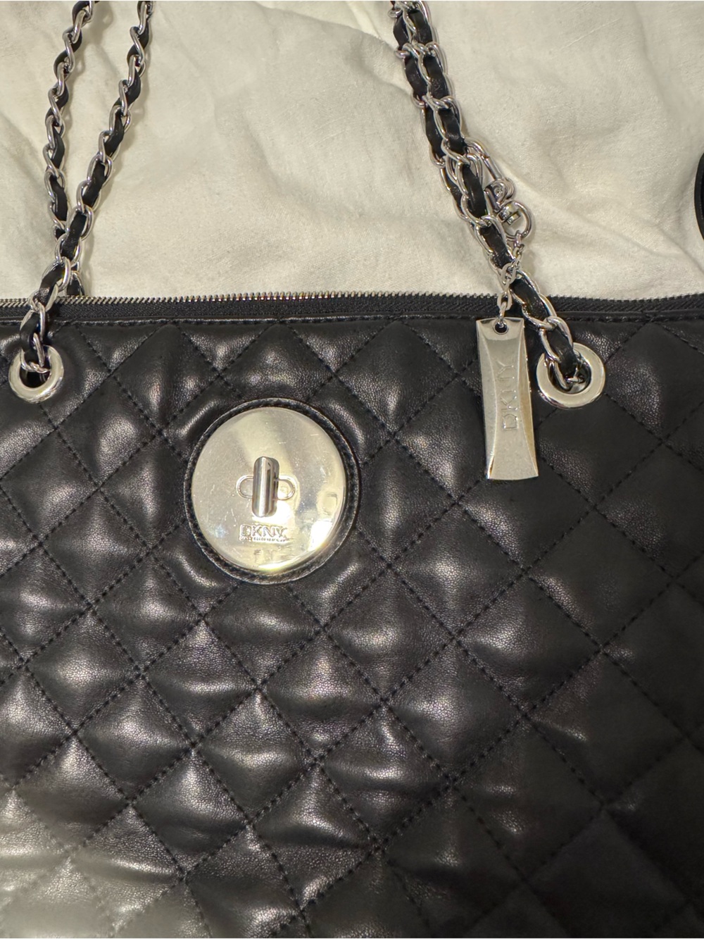 DKNY Quilted Leather Shoulder Bag Black with Silver Hardware Moto Luxe City - Picture 5 of 9